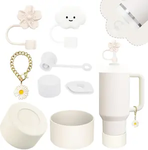 Vikgle Stanley Cup Accessories Set Cream Includes 2 Straw Covers 1 Spill Proof Stopper 1 Flower Charm & Boot for 40&30 Oz Tumblers