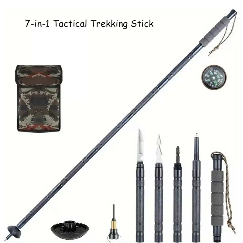 Tactical Trekking Pole Collapsible Alloy Stick - Lightweight Adjustable Hiking Pole with Compass, Tinder, Harpoon Tip, Shock-Absorb Cork Grip, Durable Survival Stick for Mountain Trek & Camping, Compact Carry 4-season