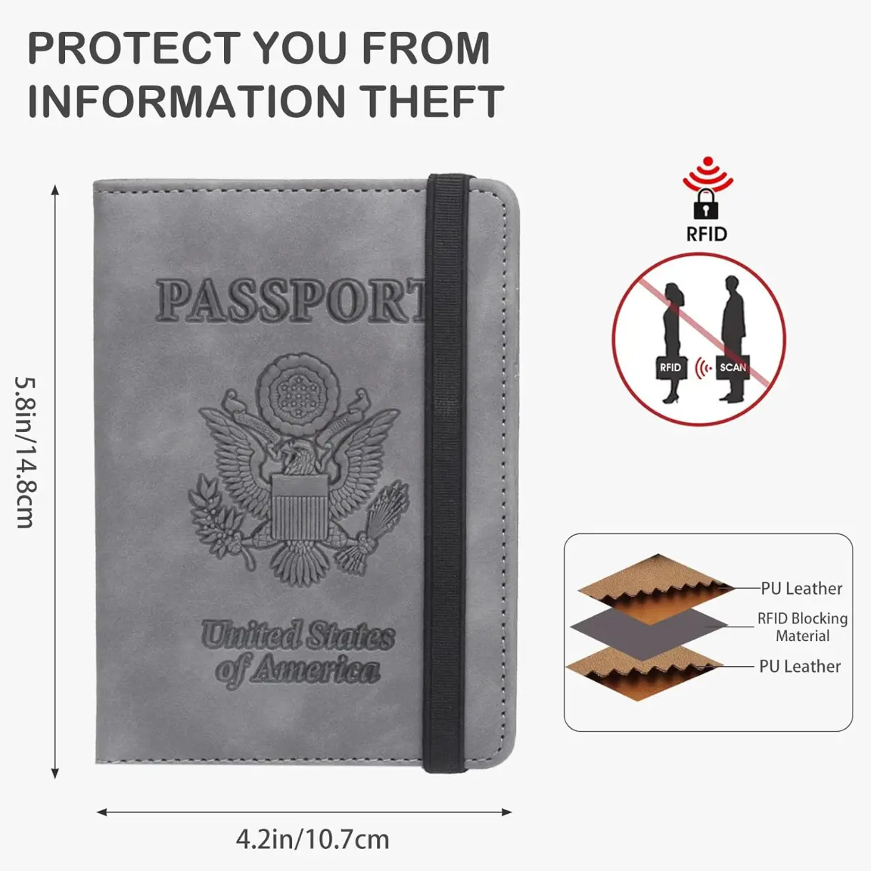 Premium PU Leather RFID Blocking Passport Holder/Wallet - Travel Document Organizer for Women and Men (Gray) Rfid Theft Proof Rfid Anti Theft