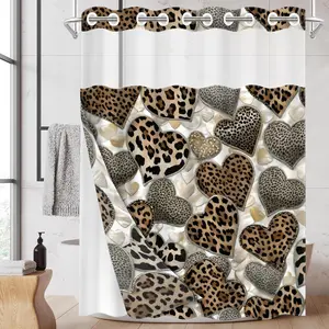 1PC 2D Flat Personalized Leopard Print Heart Patchwork Shower Curtain, Faux Leather Animal Print Design, Waterproof Detachable Liner Bathroom Curtain (No Hooks)