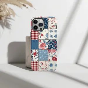 Classic Patchwork Phone Case, Red Floral Gingham Pattern Design, Vintage Cottagecore Aesthetic Protective Cover, Trendy Gift