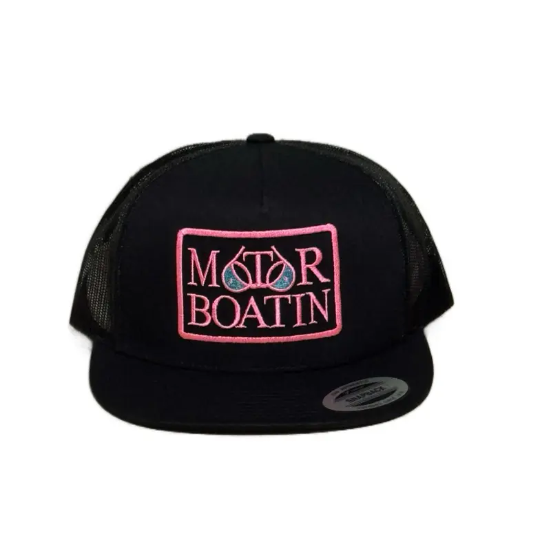 Motor Boatin' Flat Bill Hat - Pink Embroidered Logo, Breathable Mesh Fabric Back, Adjustable Fit, All Seasons Outdoor Boating Sports & Outdoor Accessory, Beach, Travel, Solid Color, Universal, Baseball Cap, Spot Clean, Everyday, Unisex Fit, Casual Sport