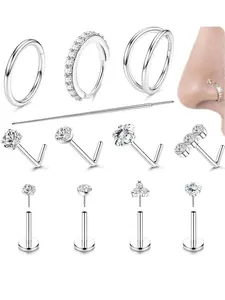 Hypoallergenic 316L Surgical Steel Nose Rings for Women, 18g & 20g Hoops, Round Cz Heart Studs, Threadless Lip Rings, Unisex Piercing Jewelry, Nose Piercing Kit