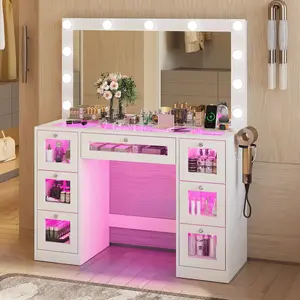 Vanity Desk with Makeup Mirror LED Lighted Vanity Table Bedroom Furniture Walk in Closet Dressing Table White Vanity Makeup Station Cosmetic Storage Vanity Set summervibes