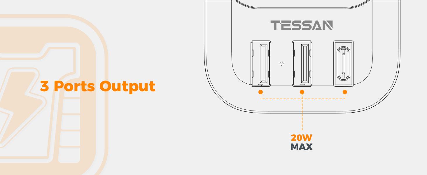 TESSAN Rectangle Universal Socket Travel Plug Adapter - Multiple Outlet Wall Plug, 4 AC Outlets, 3 USB Ports (1 USB-C), 100-250V, for Europe, UK, Australia