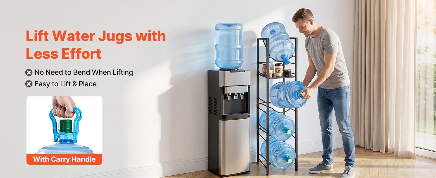 【Summerfinds】VEVOR Water Jug Holder5 Tiers 3 and 5 Gallon Water Bottle Holder for 4 BottlesHeavy Duty Jug Rack Organizer with Storage ShelfAdjustable Feetand Handlefor KitchenOfficeLiving RoomBlack