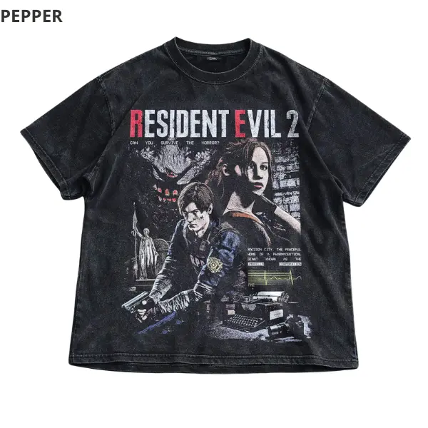 Y2K Resident Evil 2 T-Shirt, Leon and Claire Graphic Tee, Survival Horror Game T-Shirt - Vintage Graphic Tee – Menswear & Womenswear – Streetwear Tops – Casual Cotton Crewneck Shortsleeve T-shirt