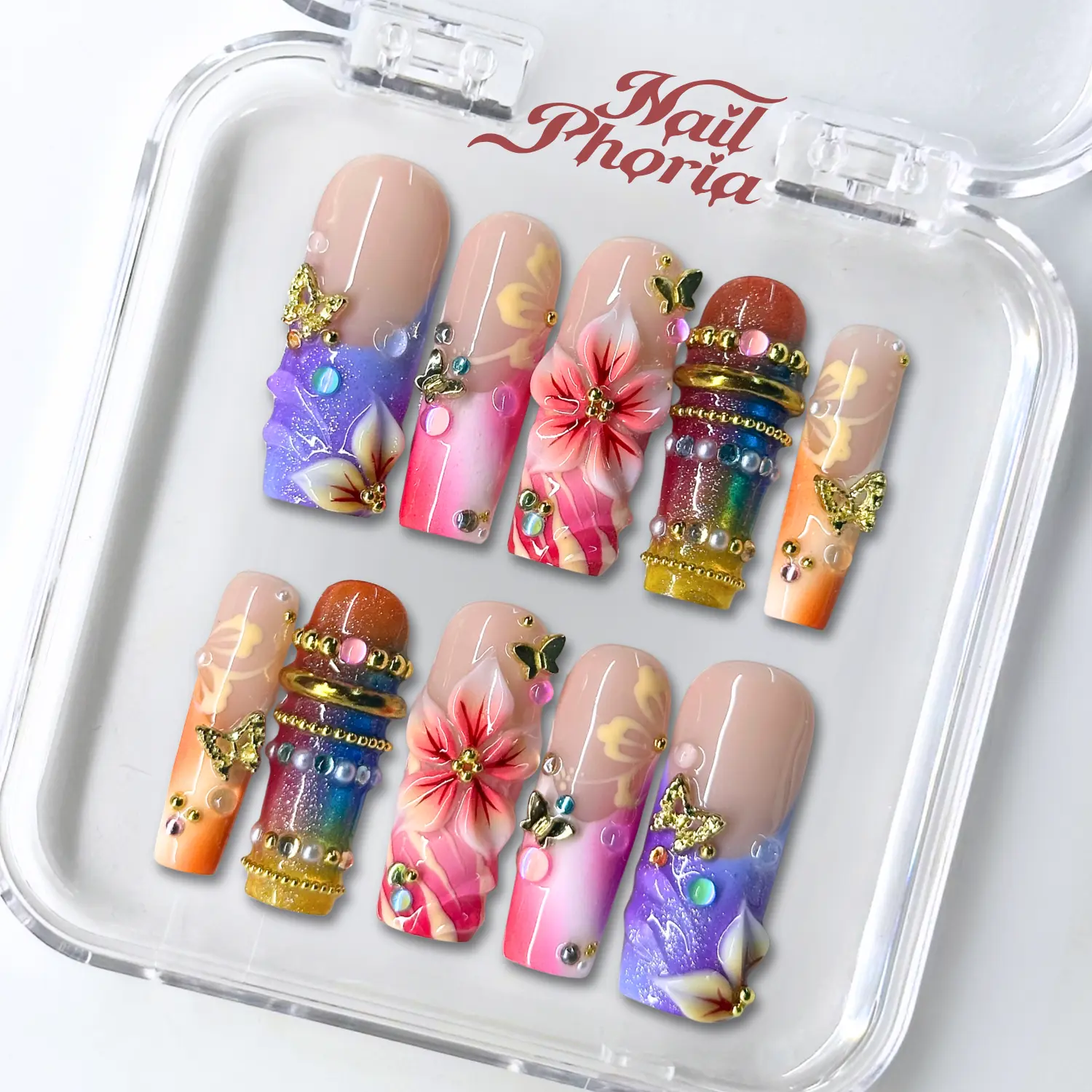 NailPhoria TROPICAL SUNSET -SUMMER Handmade Press-On Nails | Reusable, Salon-Quality, Long-Lasting, Glossy Design