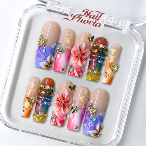 NailPhoria TROPICAL SUNSET -SUMMER Handmade Press-On Nails | Reusable, Salon-Quality, Long-Lasting, Glossy Design