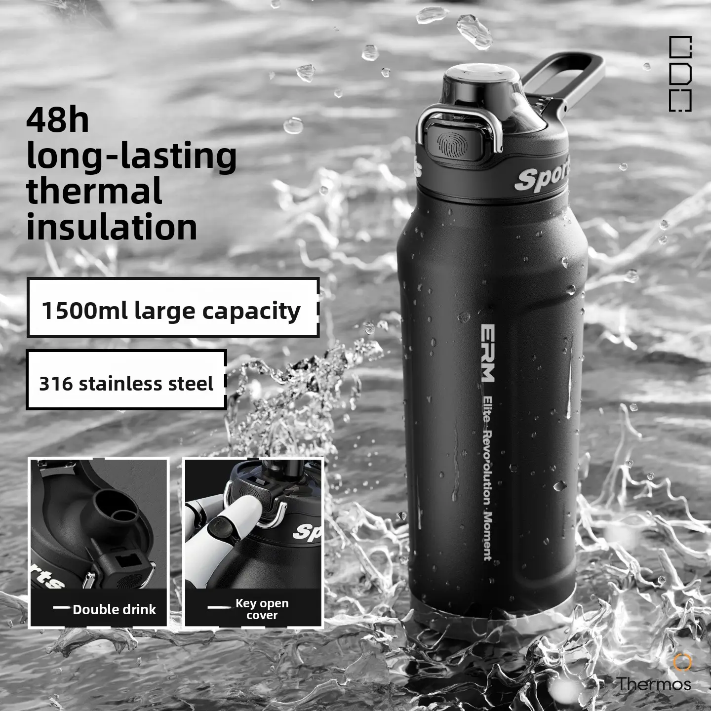 Insulated Water Bottle, 1000ml Solid Stainless Steel Tumbler, Sporty and Leakproof for Traveling & Camping, Keeps 12H Hot/24H Cold, 316 Ss, None, Outdoor Sports, Travel Camping, Bottled, Insulated Flasks, Double Wall Insulated, Heat Resistant, Sports Wate
