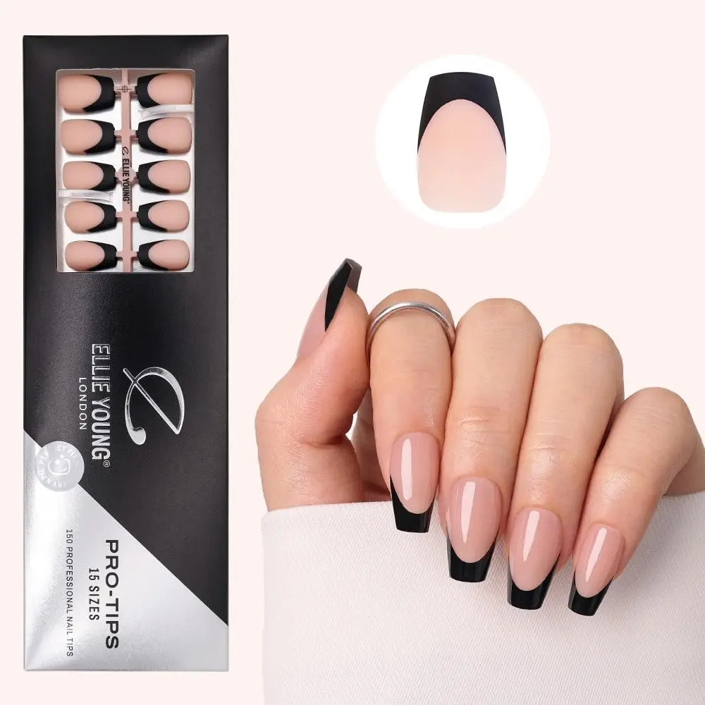 ELLIE YOUNG PRO-TIPS Medium Coffin Black French Tips with Nude Base, 160pc Press-On Nails Kit, Coffin Fake Nails, Press On Sets, Nail Art, Nail Design – 16 Sizes, Matte Gel Acrylic Look, Soft Gel DIY Extensions