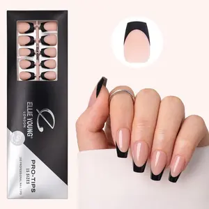 ELLIE YOUNG Pro-Tips Medium Coffin Black French Tips with Nude Base, 160pc Press-On Nails Kit – 16 Sizes, Matte Gel Acrylic Look, Soft Gel DIY Extensions