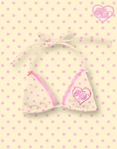 Pink Lemonade Micro Bikini Top- Light Yellow & Pink Lace Y2K Polka Dot Triangle