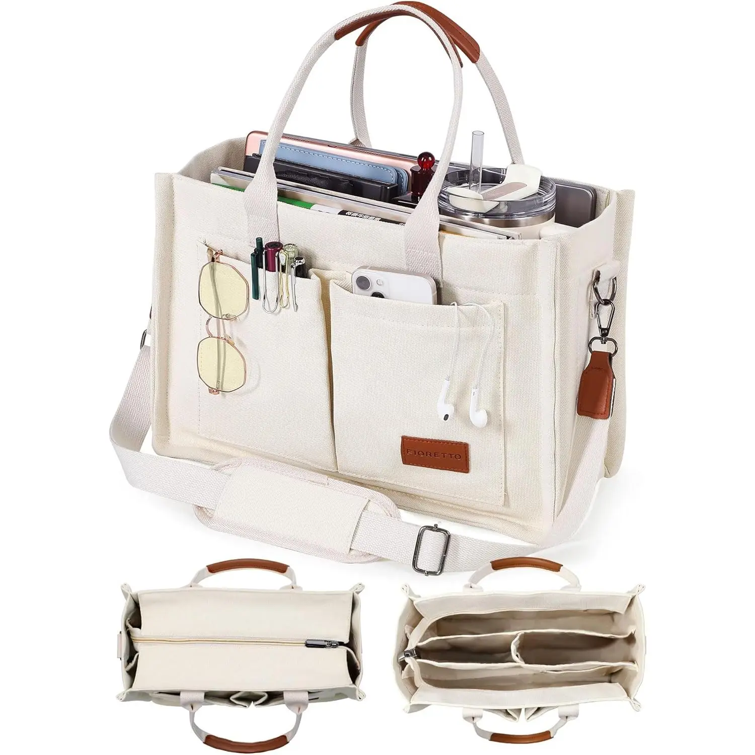 Canvas Tote Bag for Women with Zipper Closure & Individual Compartments for Work College for Teacher & Nurse