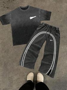 men's star & striped print tee & pants set, loose casual fashion round neck short sleeve t-shirt & trousers for daily outdoor wear, men's clothing for spring & fall, cotton, mens clothing