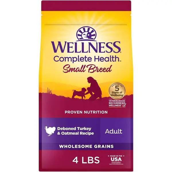 Wellness Complete Health Small Breed Adult Dry Dog Food, Wholesome Grain Kibble, Natural, Turkey and Oatmeal Recipe, 4 lb Bag