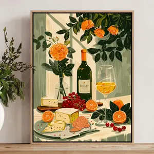 Vintage Mediterranean Food Poster, Tablescape Kitchen Decor, Retro Dinner Table Food Print, Gift for Chef Foodie, Food Illustration Wall Unframed, Room Decor