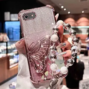 16E Bling Bling Butterfly with Lotus Butterfly PC Fashion Strap Lanyard Phone Holder Case with Protective Impact Resistant Cover Compatible with For iPhone 16e