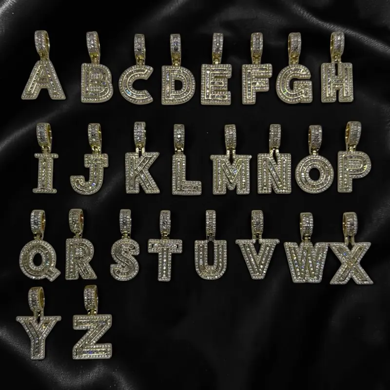 14k Gold Plated Iced Out Baguette Initial Letter Necklace