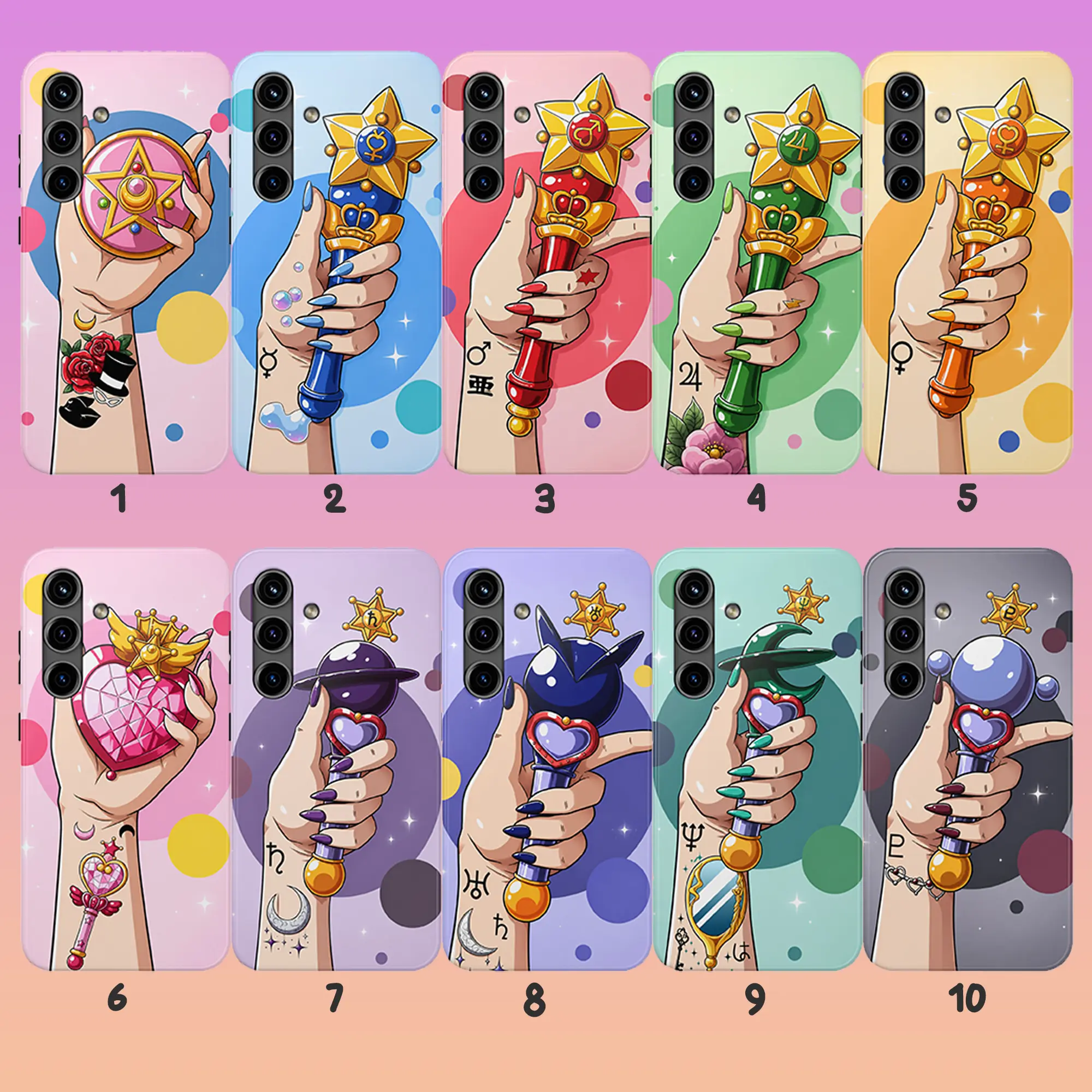 Retro 90s Magical Girl Anime Aesthetic TPU Silicon Shockproof Wireless Protection Cellphone Case for SS Galaxy Devices - 10 Cute Transformation Wand & Star Compact Designs, Durable Android Casing Shell