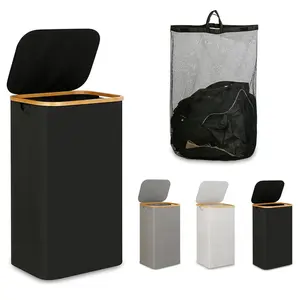 100L Foldable Laundry Basket, Laundry Hamper, 1 Count Bamboo Handle Design Large Capacity Clothes Toy Doll Books Storage Basket with Lid, Home Organizer for Bedroom Bathroom Laundry Room