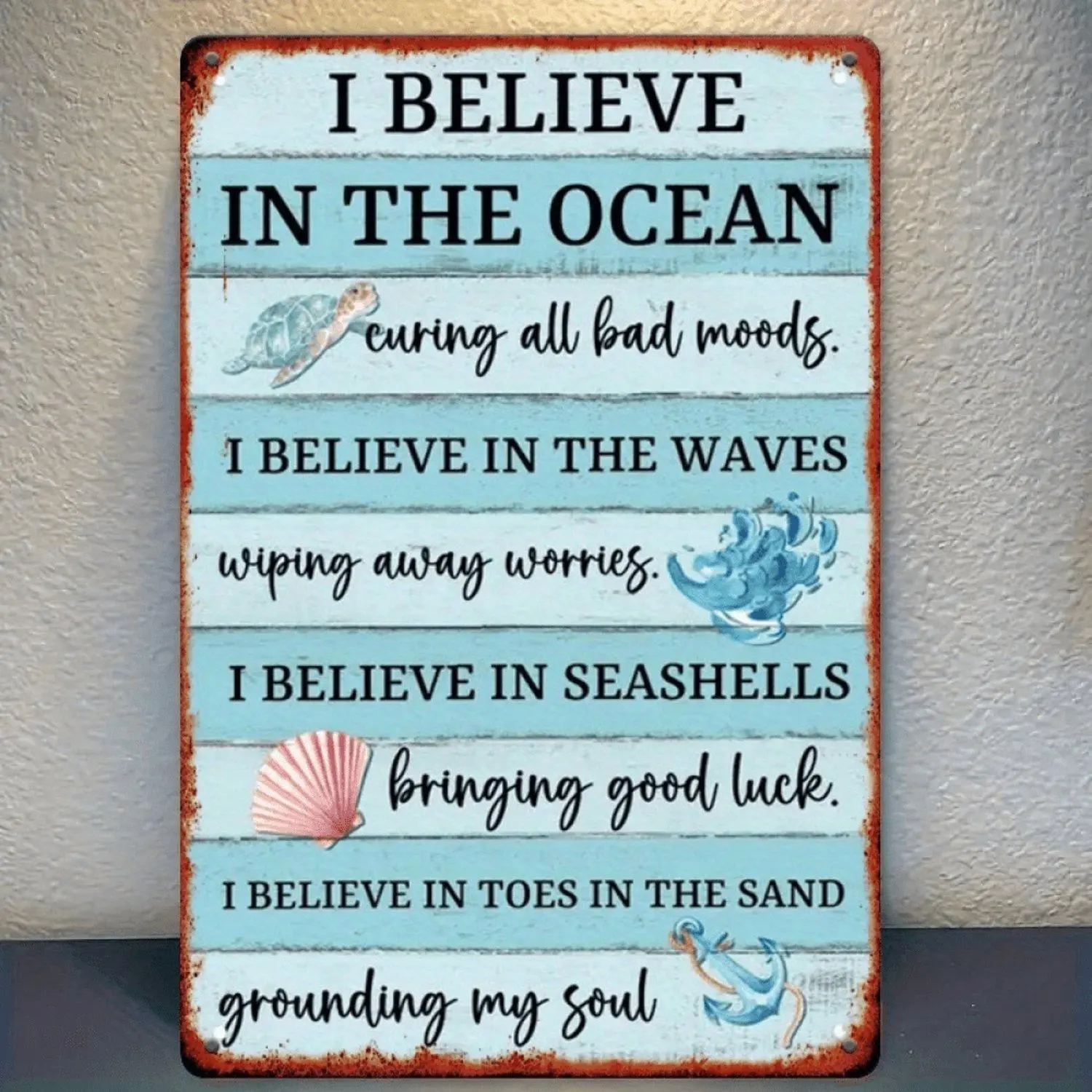 1pc 2D Flat 12X8 Inch Prints Art - "I Believe in The Ocean" Nautical Theme with Turtle Waves and Seashells Rustic Beach Style for Beach House Bedroom Cafe Vacation Home Perfect Gift for Ocean Lovers