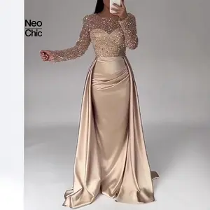 Dramatic2025Women'sBanquetLongSleeveElegantSocialiteAnnualMeetingHostQueenSequinEveningDresswithCrewneckandBasicCrewworkDesignFormal