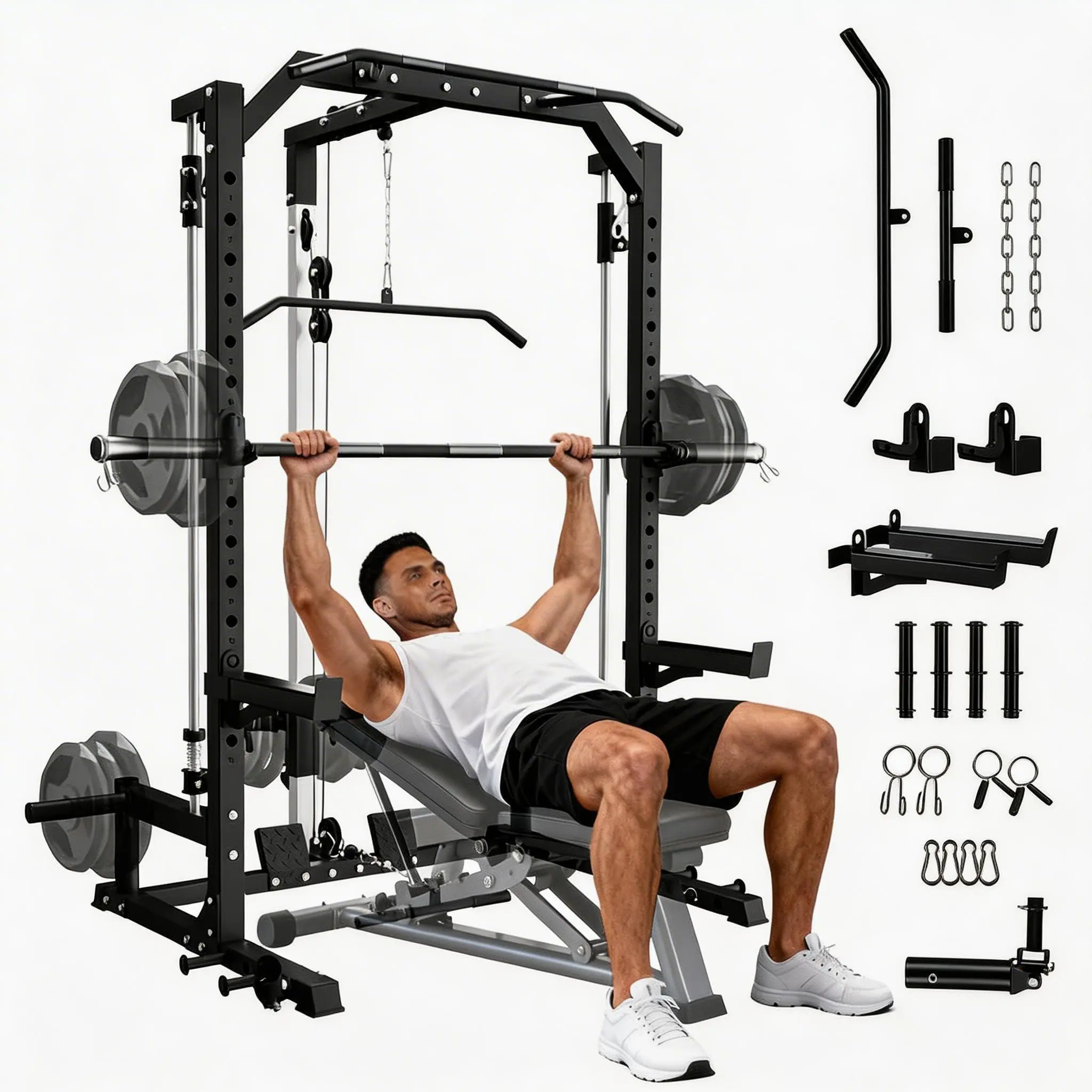 Smith Machine Power Cage Home Gym Equipment with LAT Pull-Down System, Multifunctional Power Stand, Pull-Up Bar, Landmine, Low Riding Bar & Extra Training Accessories for Full-Body Workouts