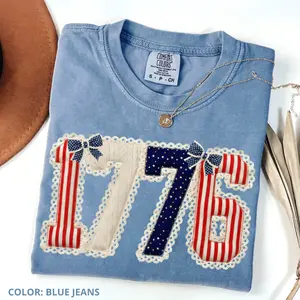 1776 Coquette Patriotic Comfort Colors T-Shirt, Vintage USA Patchwork Lace Letters Shirt, 4th of July American Flag Bow Graphic Tee, Trendy Americana Summer Shirt