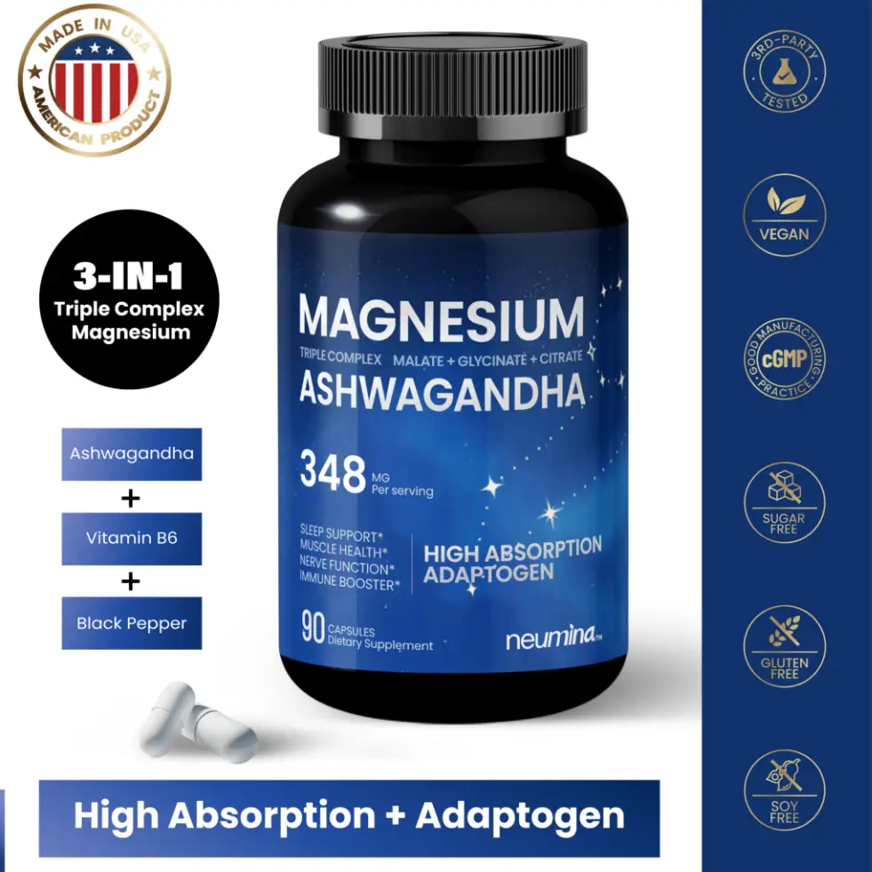 NEUMINA - Daily Cortisol Reset - Triple Complex Magnesium Supplement 90 Calming Capsules with Ashwagandha,Vitamin B6, Magnesium Glycinate + Malate + C
