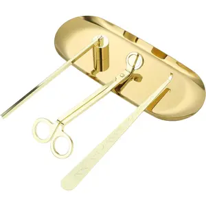 4 in 1 Candle Accessory Set with Storage Tray Plate, Candle Wick Trimmer, Candle Wick Snuffer, Candle Wick Dipper (Gold)