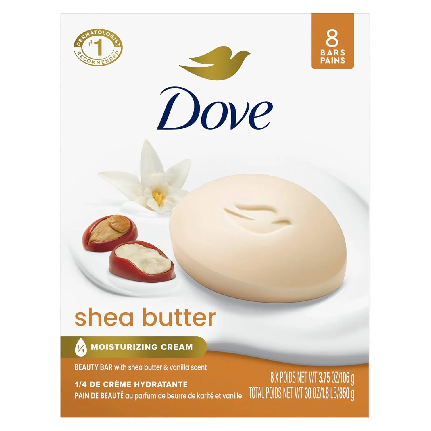 Dove Shea Butter & Vanilla Beauty Bar Soap - 8-Count, 3.75 oz Gentle Daily Body Care Cleanser with ¼ Moisturizing Cream for Soft, Radiant Skin, Cleansing & Hydrating