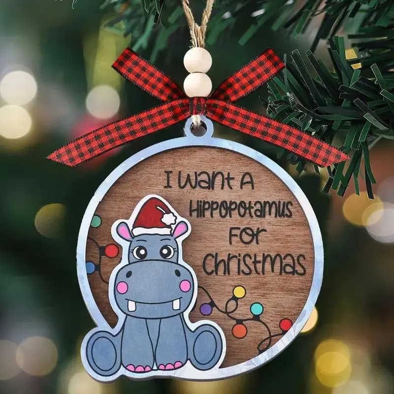 Wooden Hippo Design Hanging Ornament, 1 Count Cute Christmas Hanging Decoration, Pendant for Christmas Tree Home Office