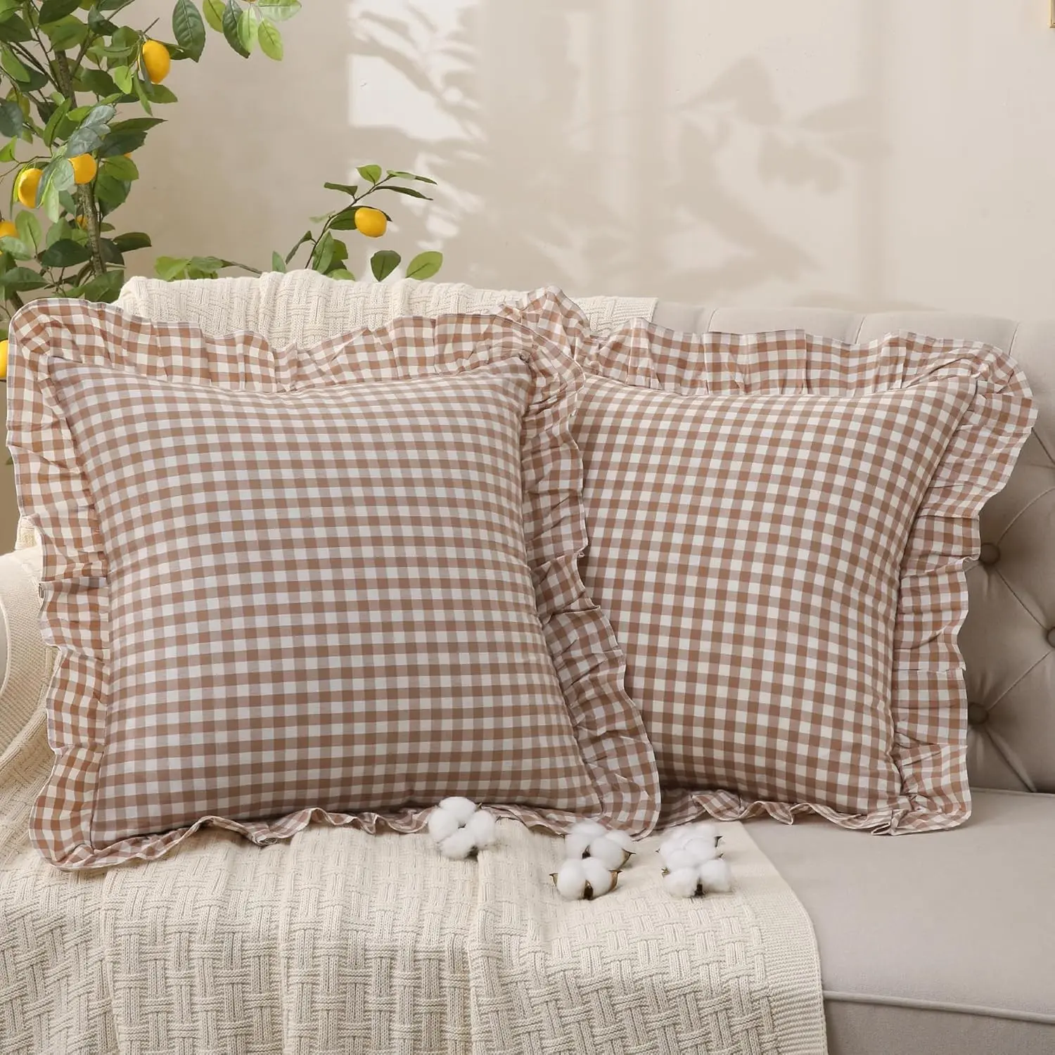 Tan Gingham Throw Pillow Covers 100% Washed Cotton Like Linen Feel Soft Comfy Ruffle Farmhouse Fall Decorative Pillow Cases Sham Set of 2 for Couch Sofa Bed (24x24 Inches, Zipper Closure)