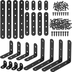24-Pack Assorted Multi-Size Stainless Steel Black L-Bracket Corner Fasteners, Straight Brackets, Plastic-Compatible Shelf Joint Supports Assorted Kit with Countersunk Screws