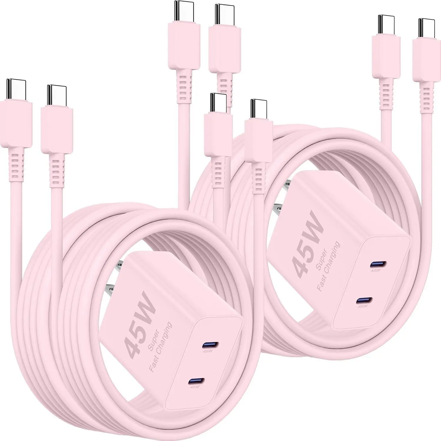 45W Pink Dual Port Fast Charger 2-Pack with 4 x 10FT USB-C to USB-C Cable, Quick Charging Block for iPhone 17/16/15 Pro Max, iPad & Samsung Galaxy