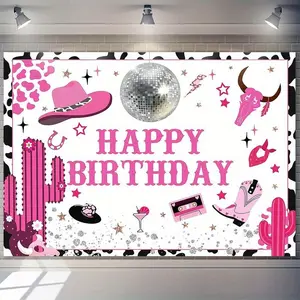 Disco Cowgirl Happy Birthday Backdrop - Hot Pink Cow Girls Birthday Party Background for Cowgirl Birthday Party Banner Decorations