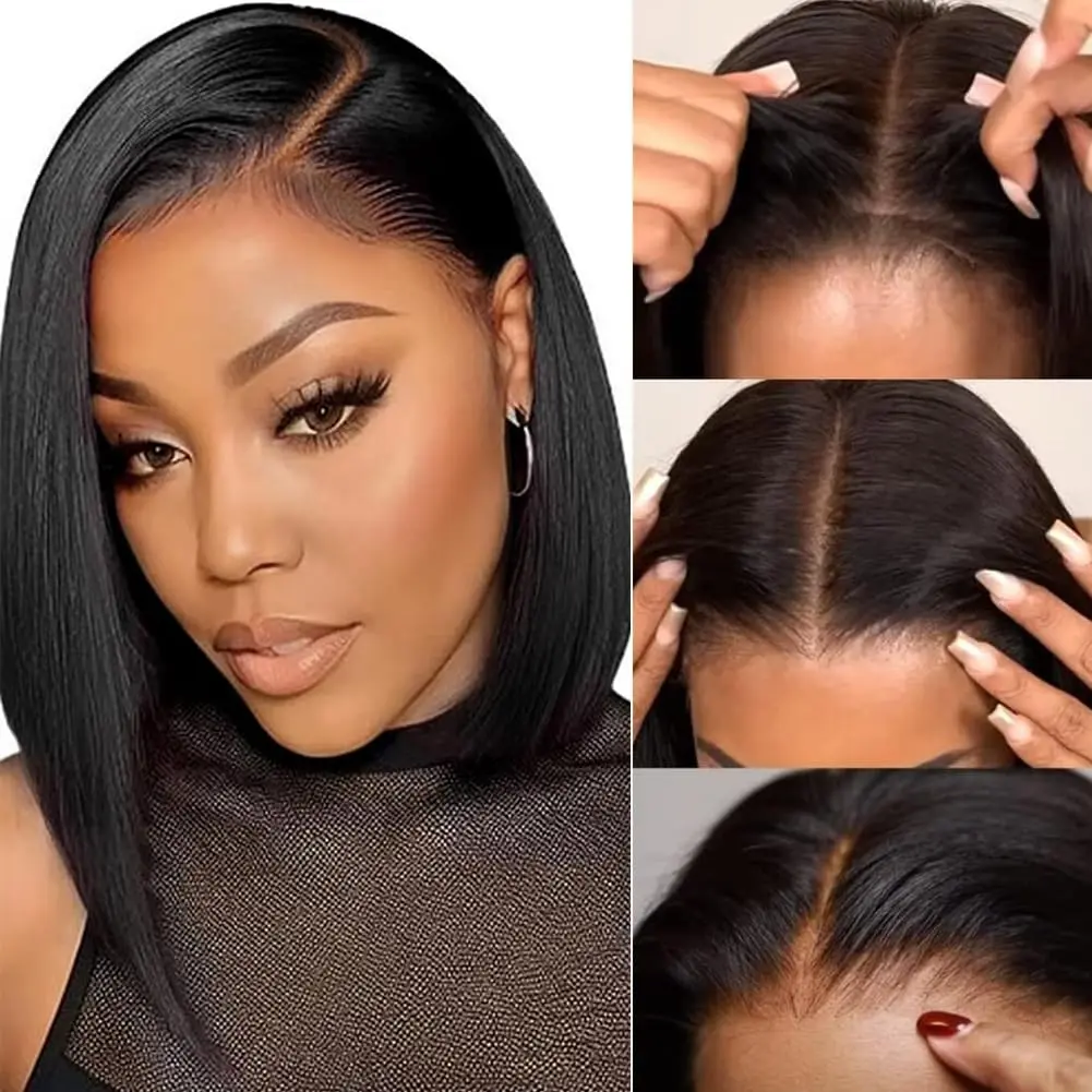 ear and Go Glueless Bob Wig Human Hair Pre Plucked Pre Cut 180% Density 5x5 HD Transparent Lace Front Wigs Human Hair for Black Women Short Straight Bob Wigs No Glue Lace Closure Wigs