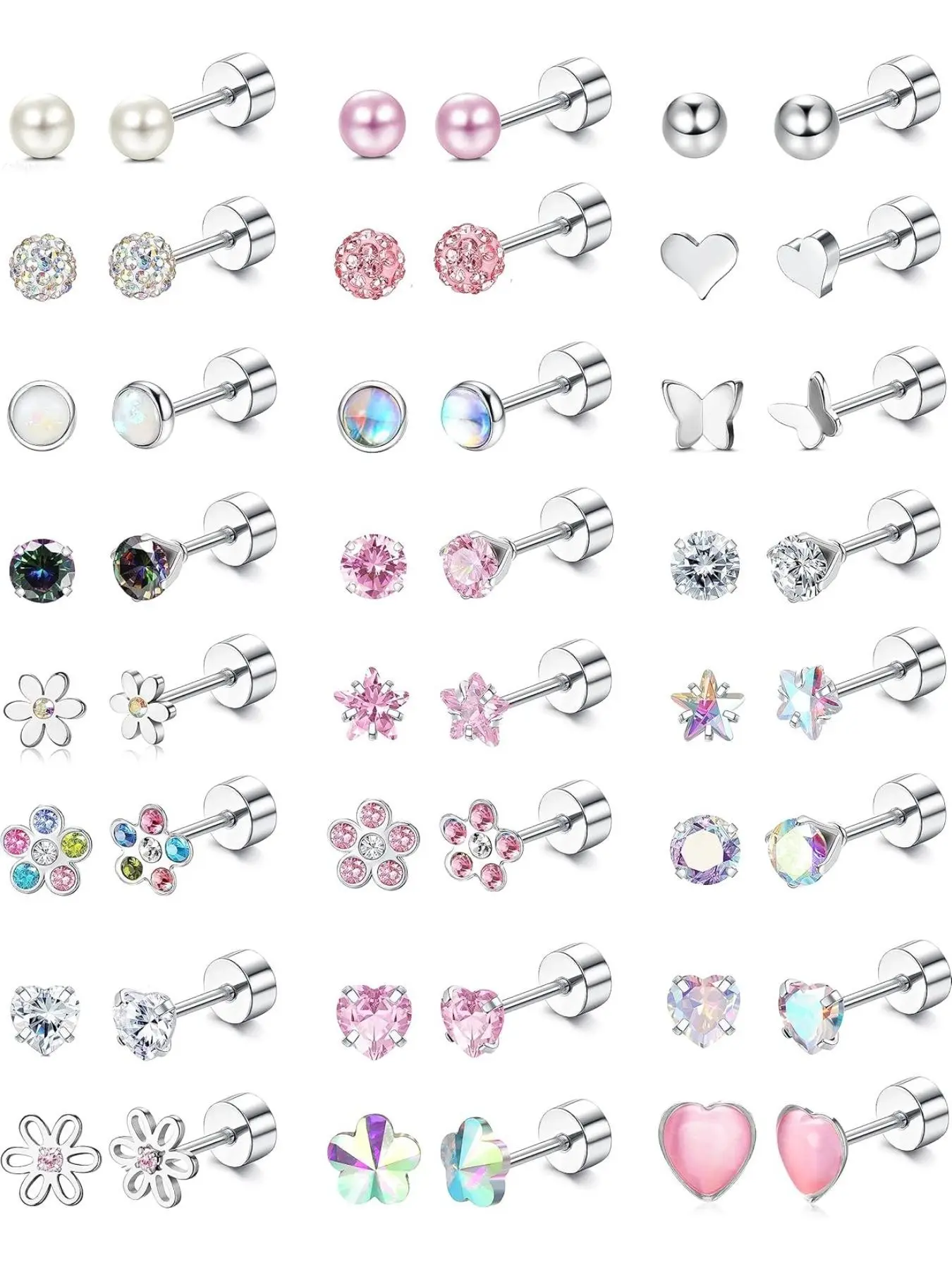 24 Pairs Hypoallergenic Earrings, Cute Screw Back Earrings, Post Earrings for Kids & Women (Age: Over 3 Years Old), 4mm Tiny Stud Earring Set, Fashion Jewelry