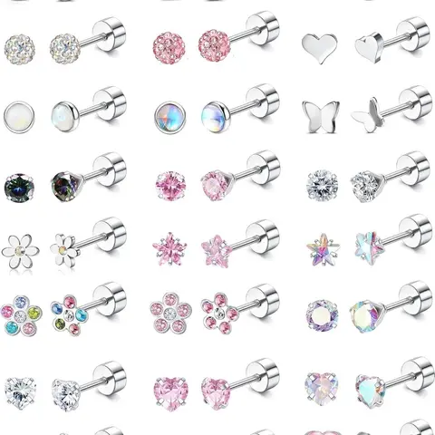 24 Pairs Hypoallergenic Earrings, Cute Screw Back Earrings, Post Earrings for Kids & Women (Age: Over 3 Years Old), 4mm Tiny Stud Earring Set, Stainless Steel Studs, Fashion Jewelry, Casual Earrings Set, Hypoallergenic Earrings Pack