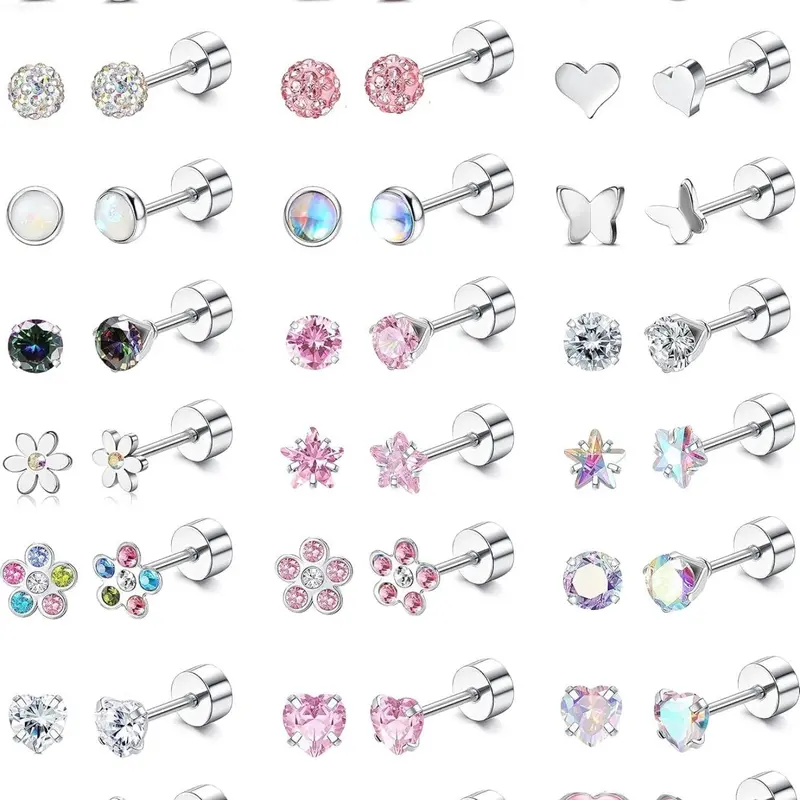 24 Pairs Hypoallergenic Earrings, Cute Screw Back Earrings, Post Earrings for Kids & Women (Age: Over 3 Years Old), 4mm Tiny Stud Earring Set, Stainless Steel Studs, Fashion Jewelry, Casual Earrings Set, Hypoallergenic Earrings Pack