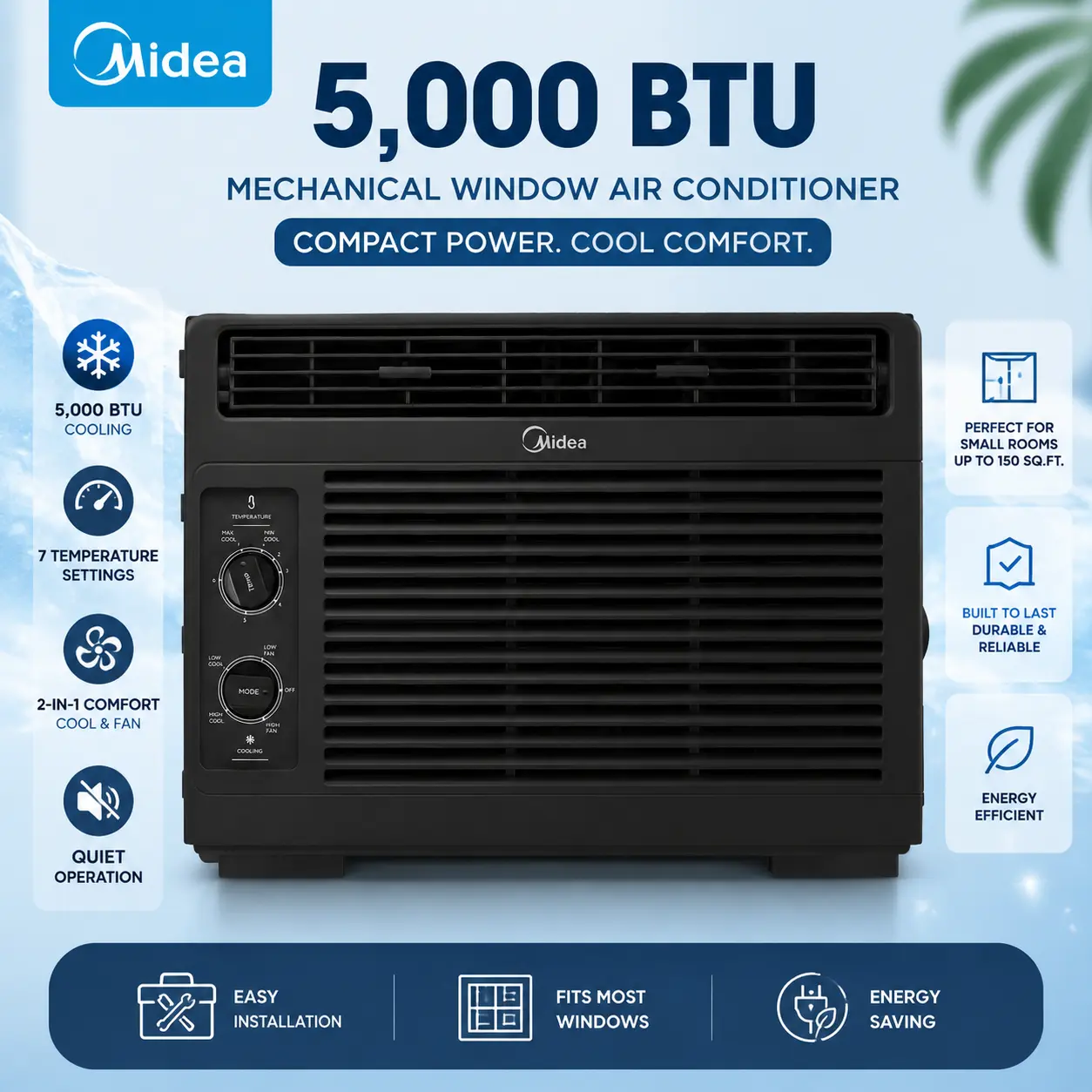 Midea 5,000 BTU DOE Used Window Type Aircon (Like New Condition) - Mechanical Control Household Ac for 150 Sq. Ft. Spaces, Compact, High-Efficiency Home Ac Unit with Easy Installation & Washable Filter Airconditioner, Cooling