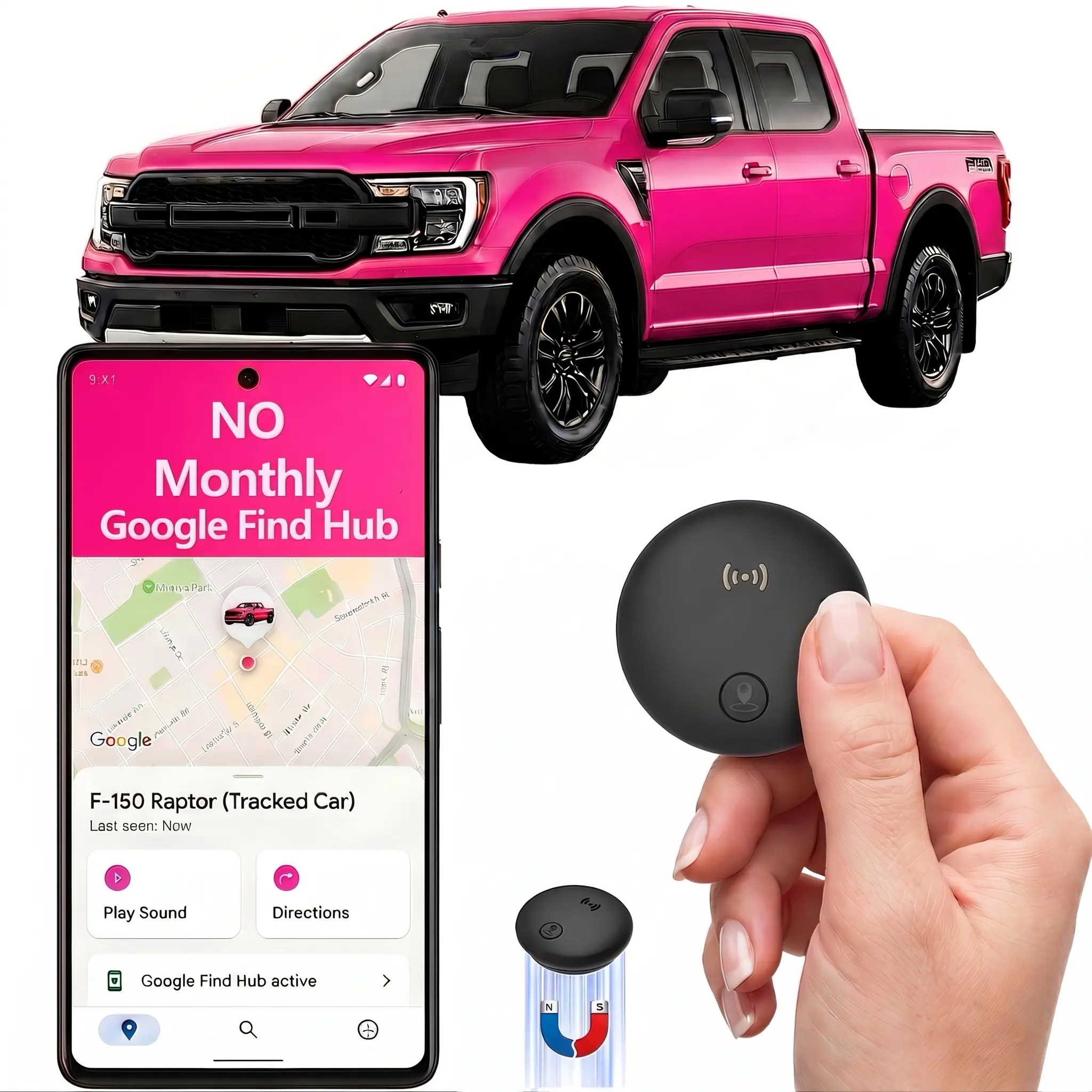 Magnetic GPS Tracker for Vehicles—Built-in magnet, no subscription required, no monthly fees/no SIM card required, compatible with Android’s “Find Hub” feature, global anti-theft device, discreet GPS tracking device for cars and motorcycles