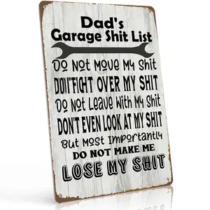 8x12 Inch Aluminum "Dad's Garage Shit List" Metal Sign – Hilarious Garage Wall Art for Workshop, Man Cave & Dad's Space. Rustic Wood Look Style, Durable & Sarcastic. Perfect Gag Gift for Dads & Handymen.