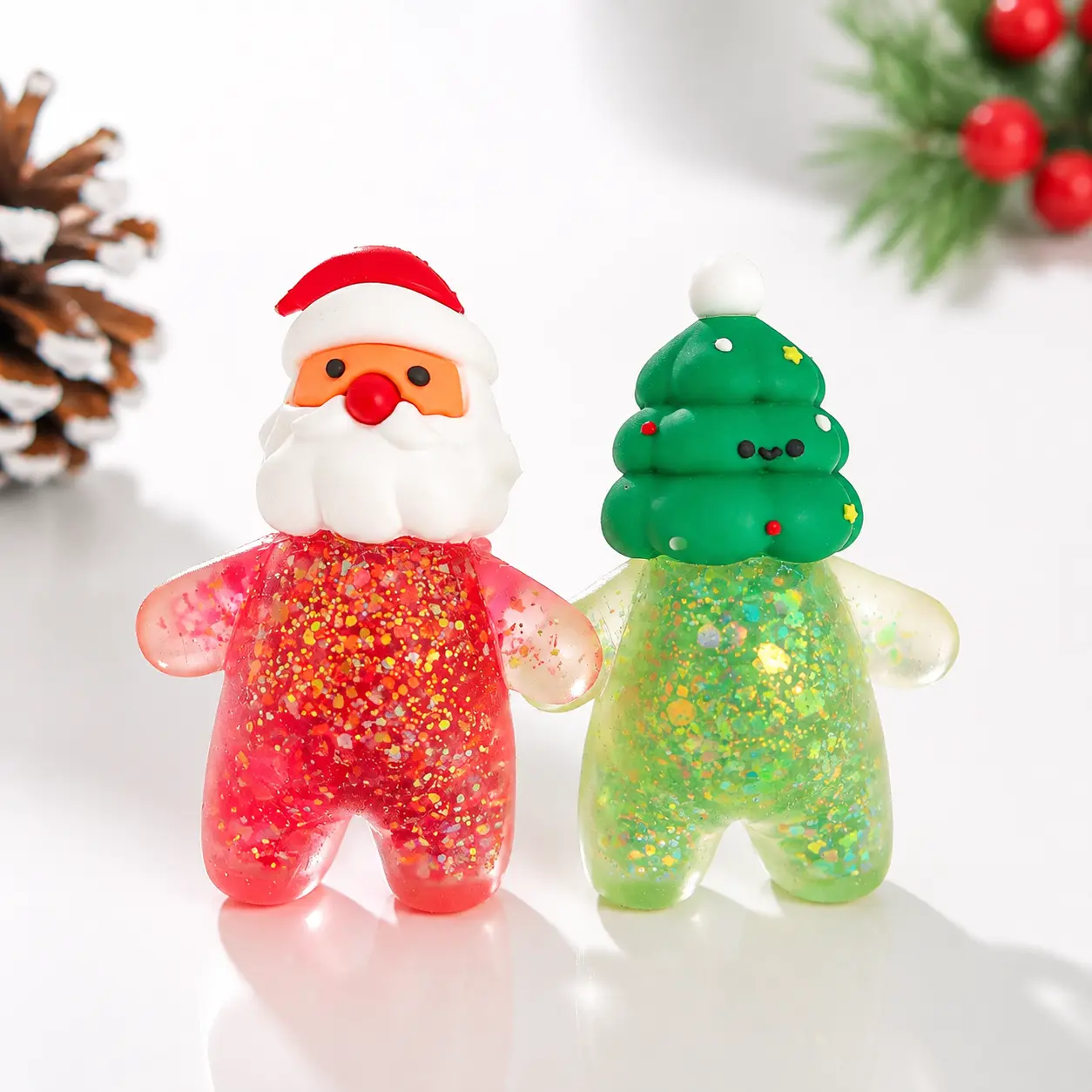 Cute Christmas Squishy Toys, Santa & Christmas Tree Slow Rebound Stress Relief Toy, Soft TPR Squeeze Fidget Toy with Sparkle Glitter, Fun Holiday Gift for Kids, Teens and Adults