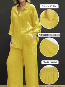 Women's Solid Color Shirt & Wide Leg Pants Set, Casual Fashion Cozy Breathable Two-piece Outfits for Daily Outdoor Wear, Women Clothes for Spring Fall, Basic