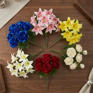 Mother's Day Gift 9 Heads Artificial Lily Rose Bouquet Lifelike Fake Silk Flowers Real Touch Faux Floral Arrangement for Mom Home Living Room Wedding Party Table Shower Birthday Anniversary Gift for Her No Water Required Easy Maintenance