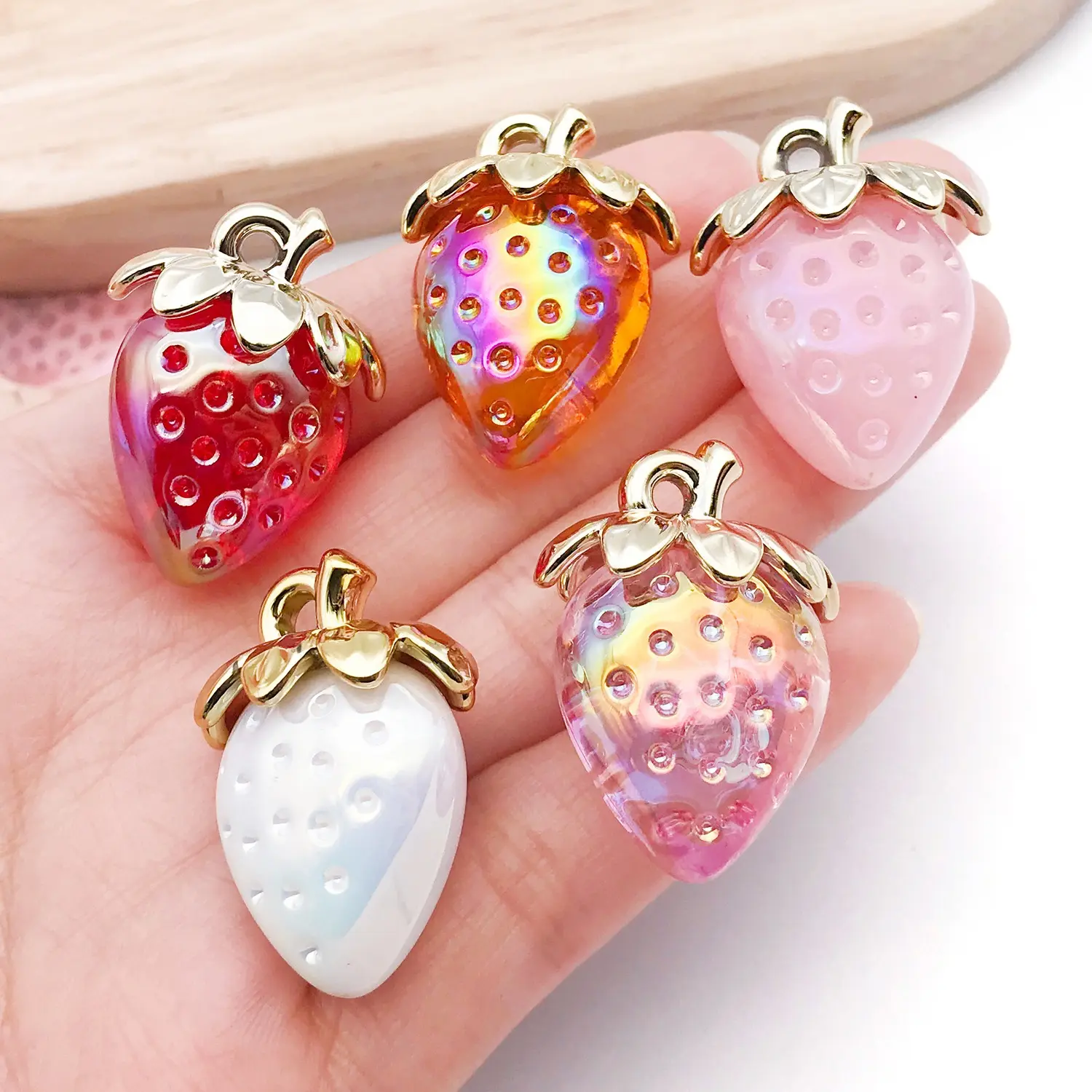 5pcs 3D Strawberry Charms, Resin & Acrylic Fruit Pendants with KC Gold Eye Pin, DIY Jewelry Making Supplies for Keychains, Phone Charms, Bracelets