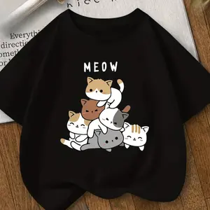 Six Cute Cats Graphic Cotton T-Shirt for Girls, Valentine's Day Gift for Kids, Fashion Oversized Comfort Summer Outfit