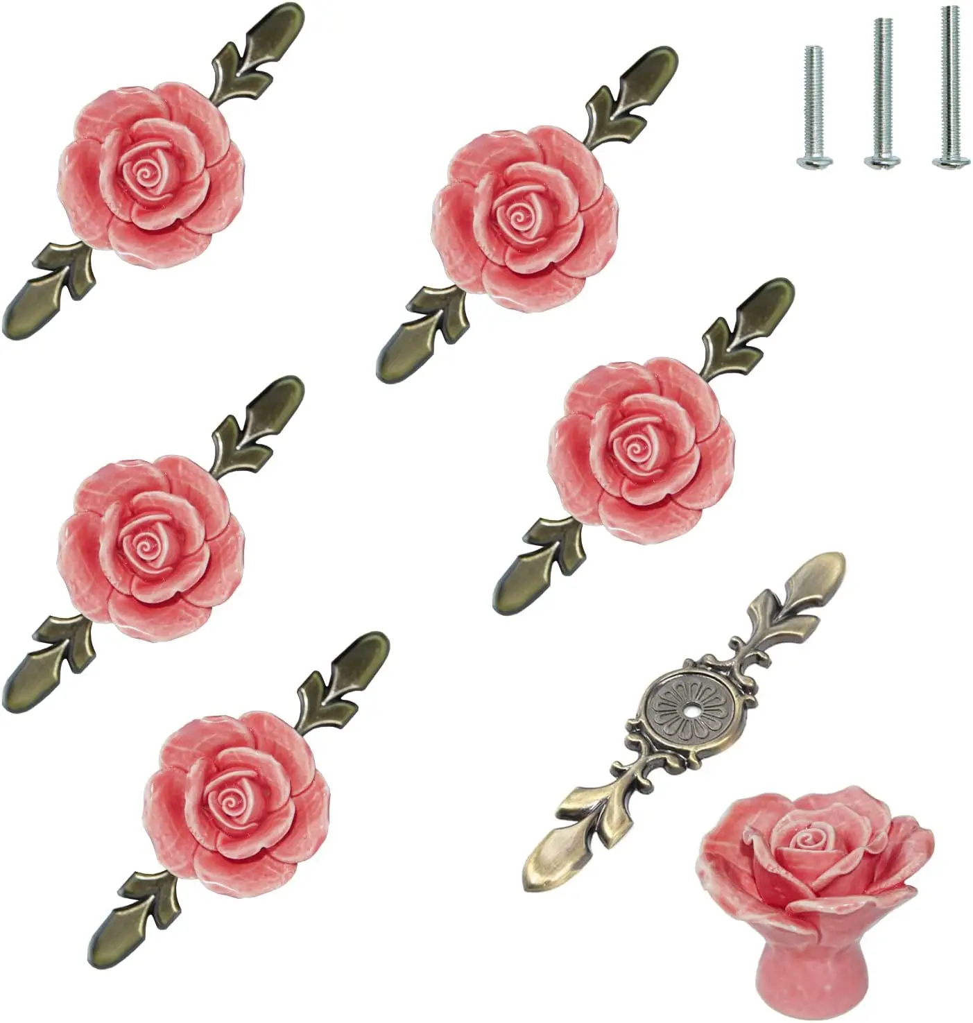 6 Handcrafted Ceramic Flower Cabinet Knobs with 115mm Bronze Back Plates, Love-Themed Retro 42mm Pink Pull Handles, Easy-Install Door Hardware for Kitchen Drawers, Dresser Cupboards, Brings New Life to Old Furniture